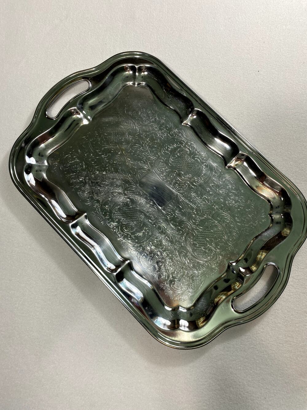 MCM Vintage Irvinware Chrome Serving Tray Silver Engraved Platter Ornate Handles